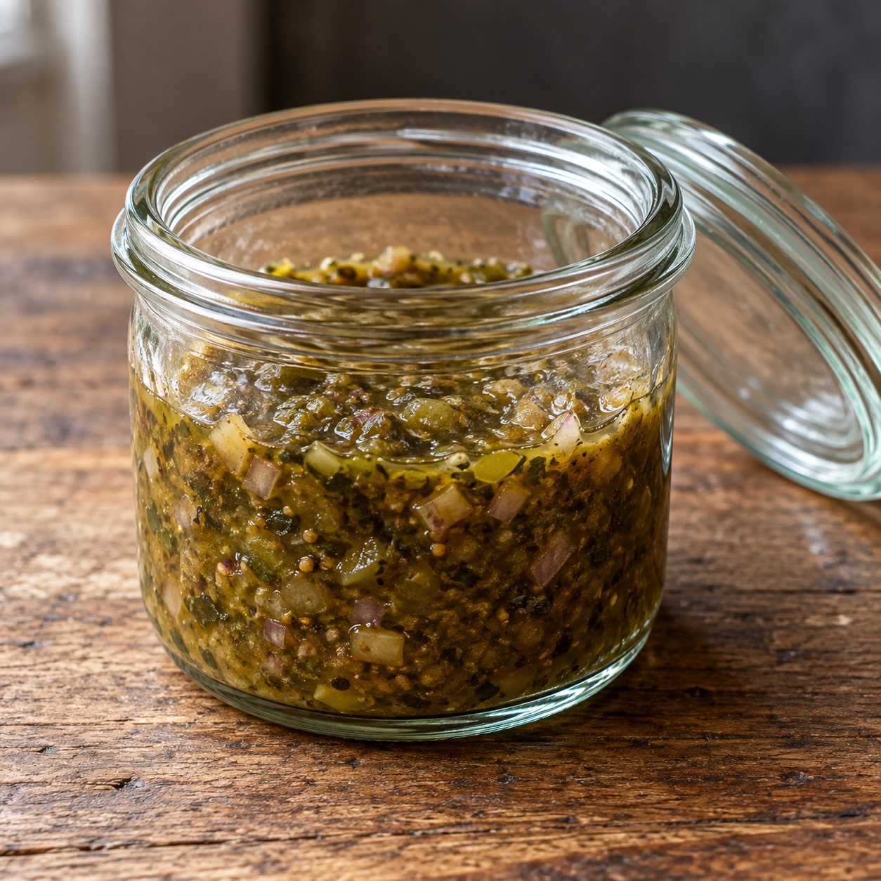 Fertige Beef-Tatar-Marinade mit fein geschnittenen Zutaten in einem geöffneten Rex-Glas